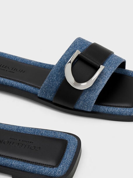Gabine Leather & Denim Slide Sandals, Blue, hi-res