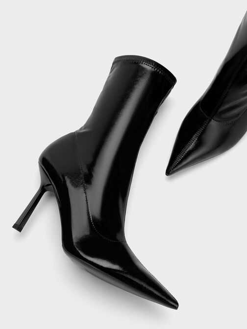 Patent Crinkle-Effect Pointed-Toe Stiletto Heel Ankle Boots, Black Patent, hi-res