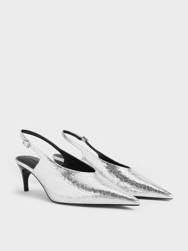 Zapatos destalonados metalizados efecto arrugado con empeine alto, Plateado, hi-res