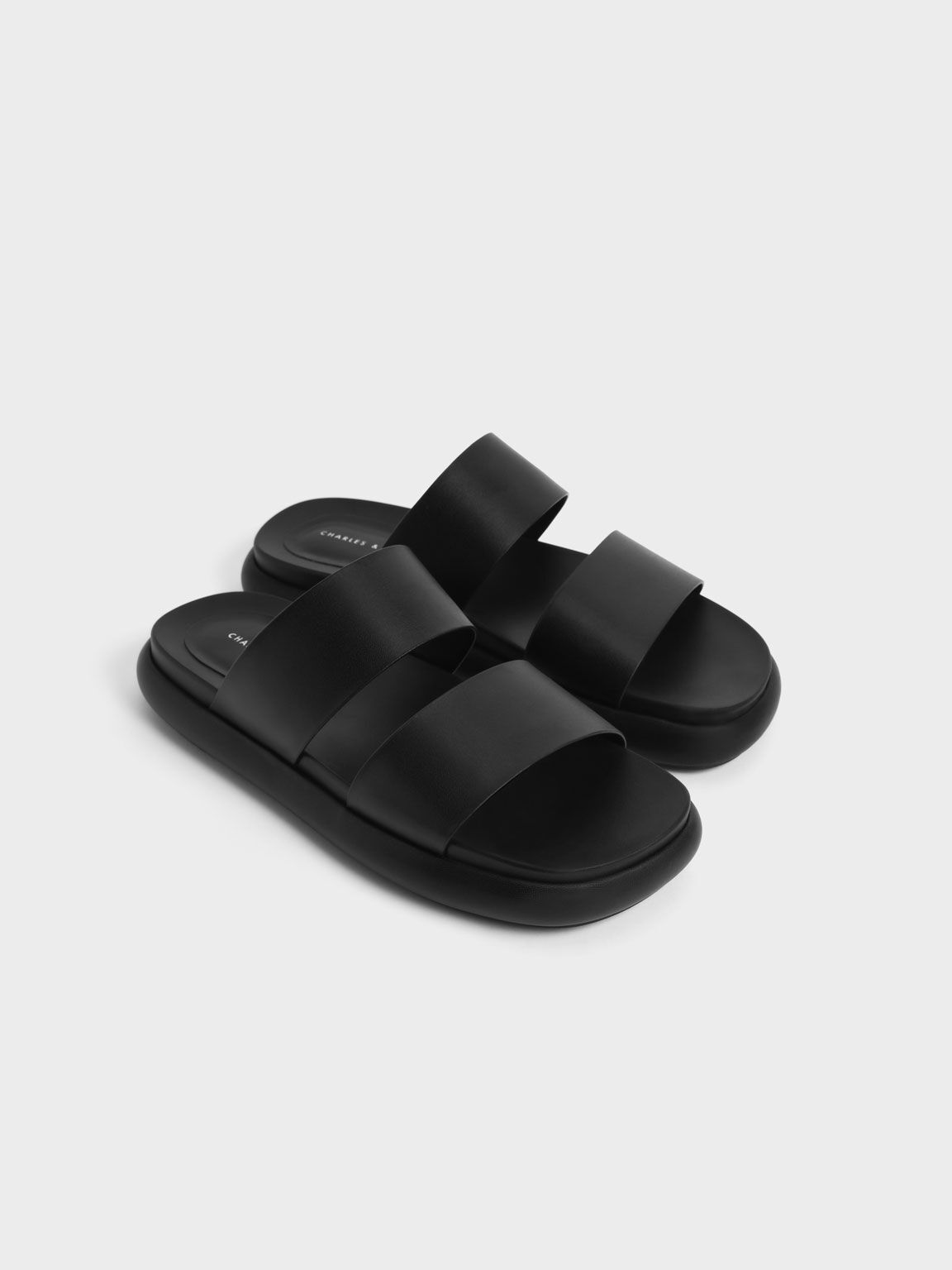 Wide Strap Slide Sandals, Black, hi-res