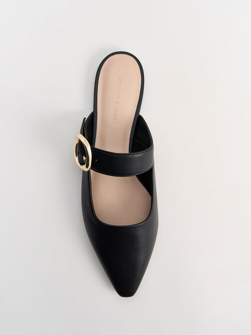 Buckle-Strap Flat Mules, Black, hi-res