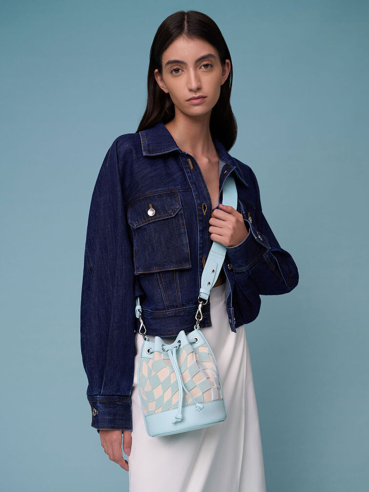 Zetta Checkered Bucket Bag, Light Blue, hi-res