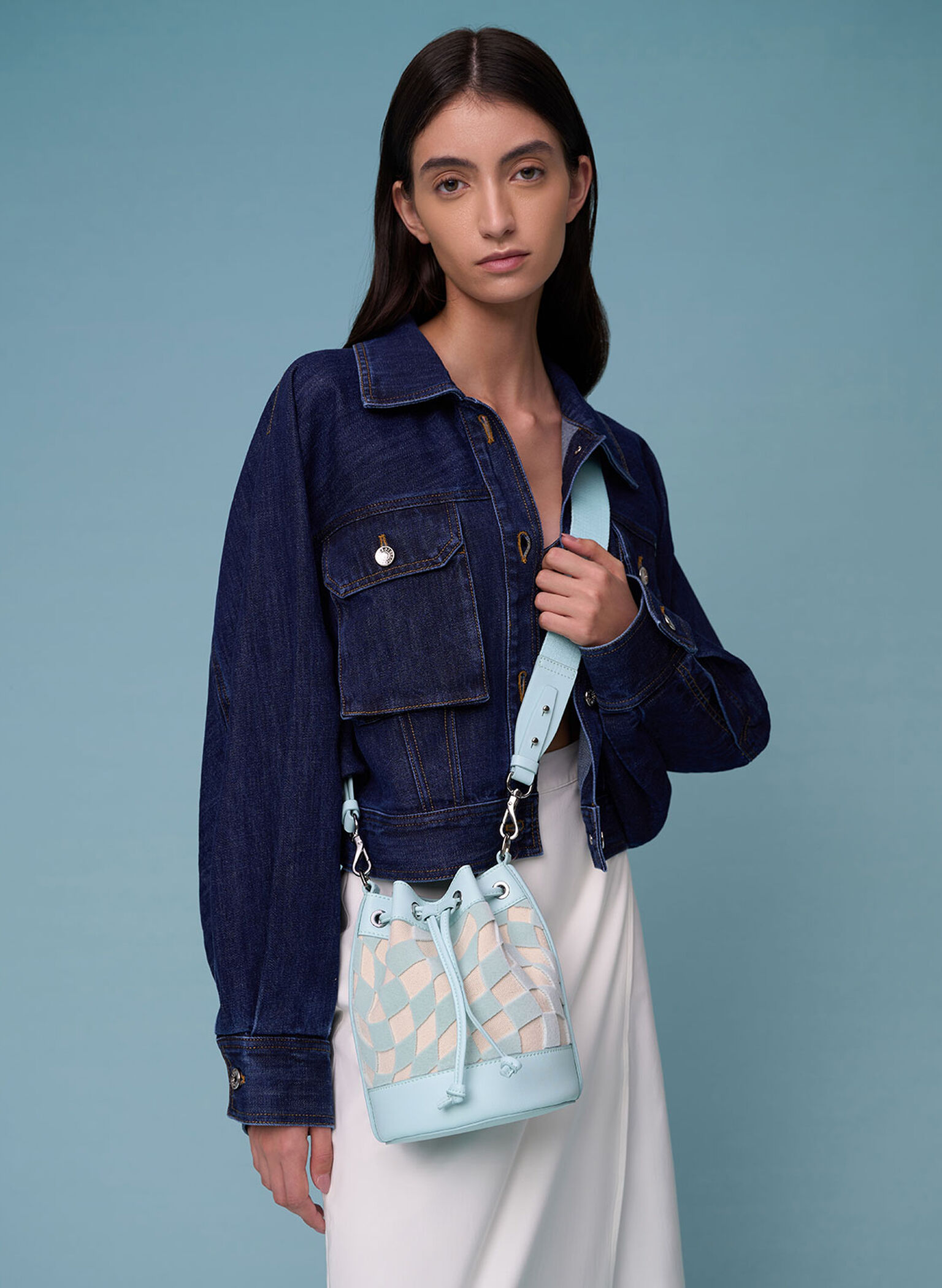 Zetta Checkered Bucket Bag, Light Blue, hi-res