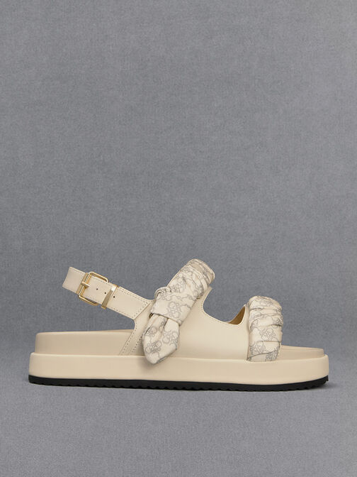 Sandalias de cuero con correa efecto arrugado, Blanco tiza, hi-res