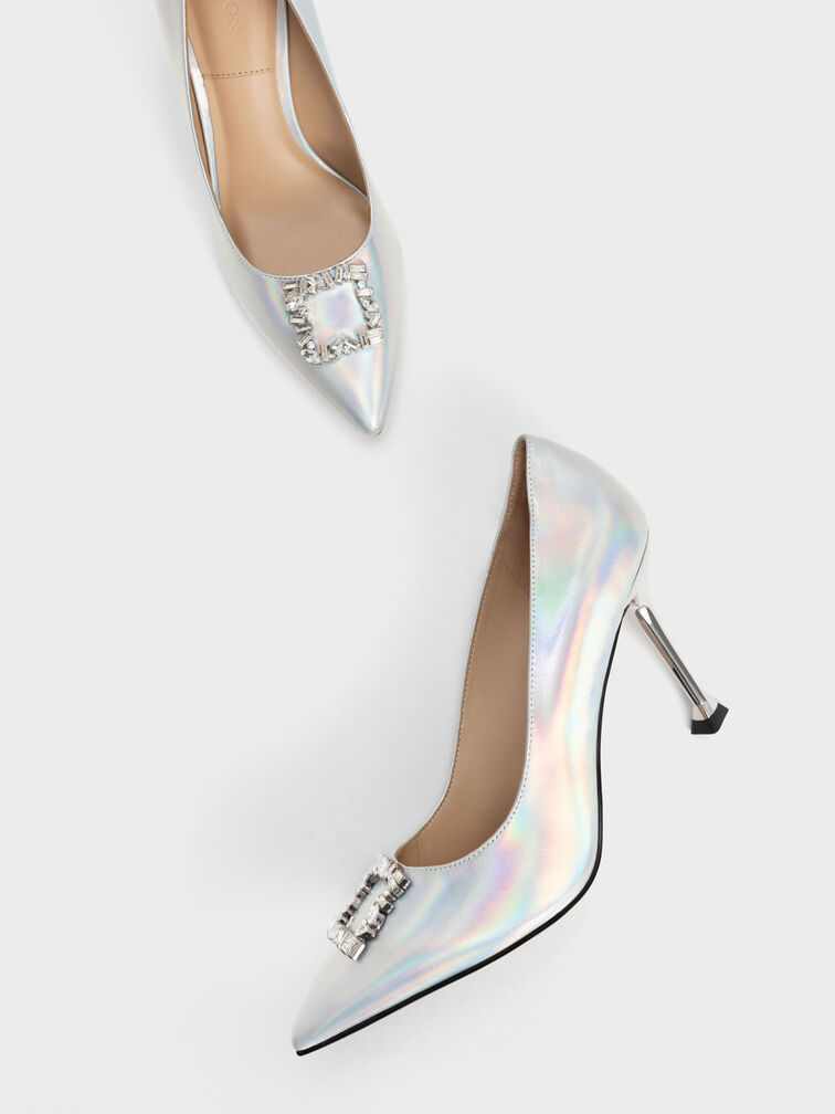 Holographic Leather Gem-Embellished Pumps, Multi, hi-res