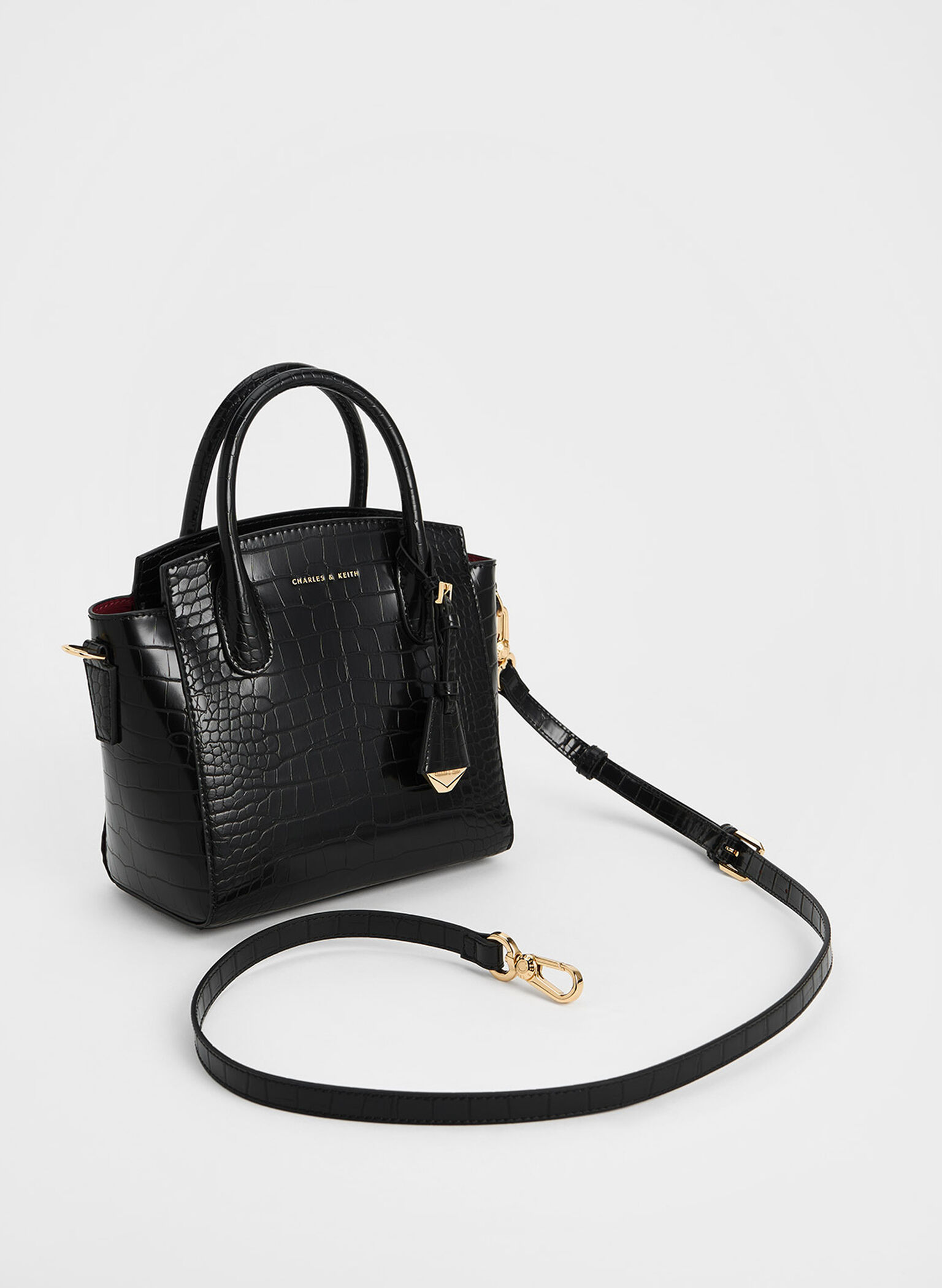 Harper Croc-Effect Structured Top Handle Bag, Black, hi-res