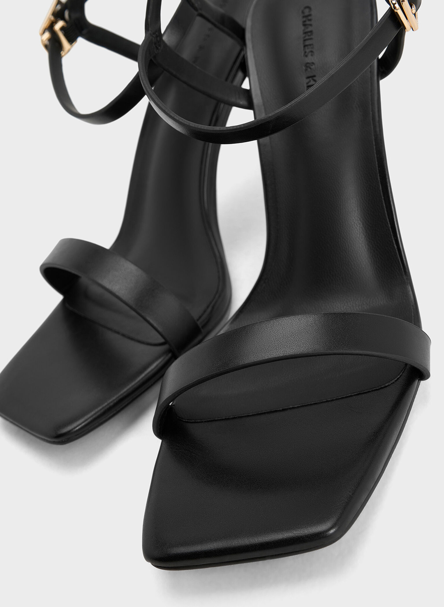 Square-Toe Ankle-Strap Heeled Sandals, Black, hi-res