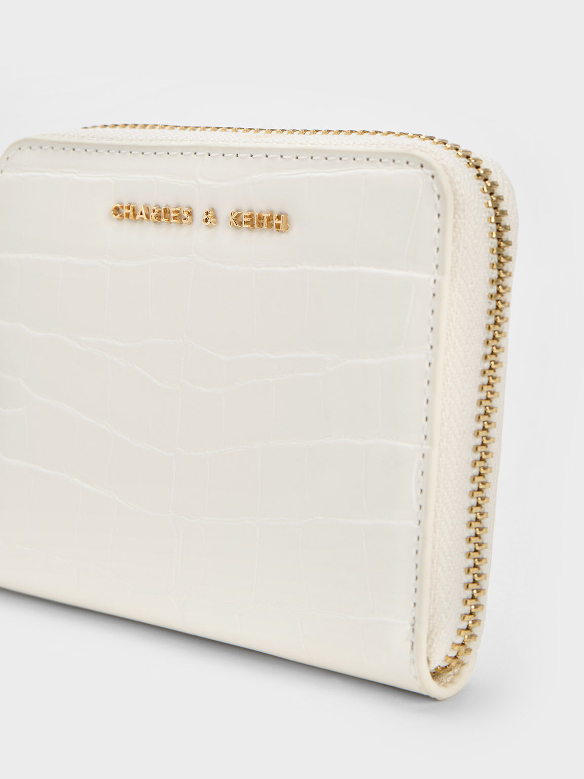Croc-Effect Small Zip-Around Wallet, Cream, hi-res
