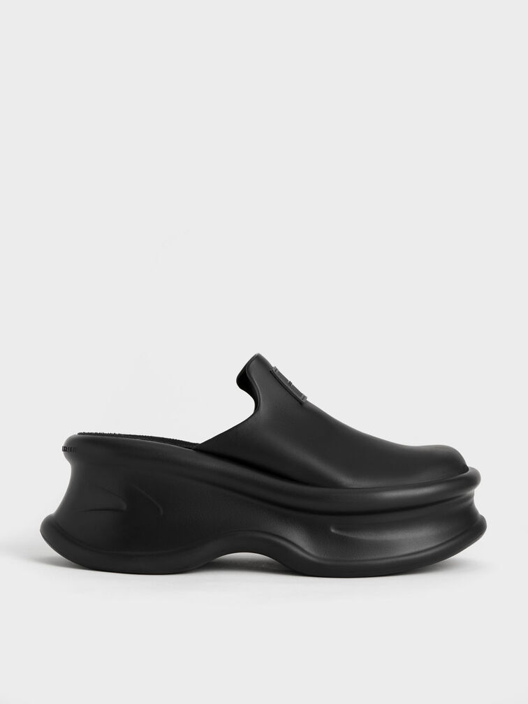 Curved Platform Mules, Black, hi-res