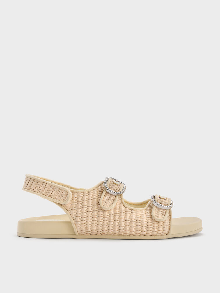 Girls' Raffia Crystal-Buckle Double-Strap Slingback Sandals, Cream, hi-res