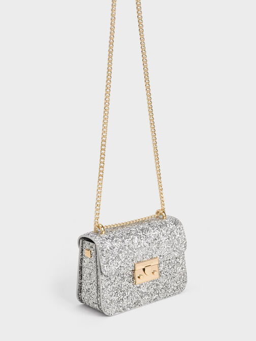 Glittered Push-Lock Chain-Handle Bag, Silver, hi-res