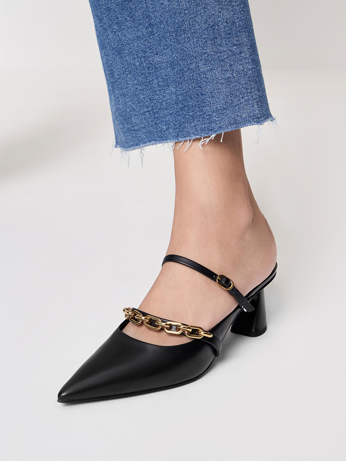 Chain-Link Trapeze Heel Mules, Black, hi-res