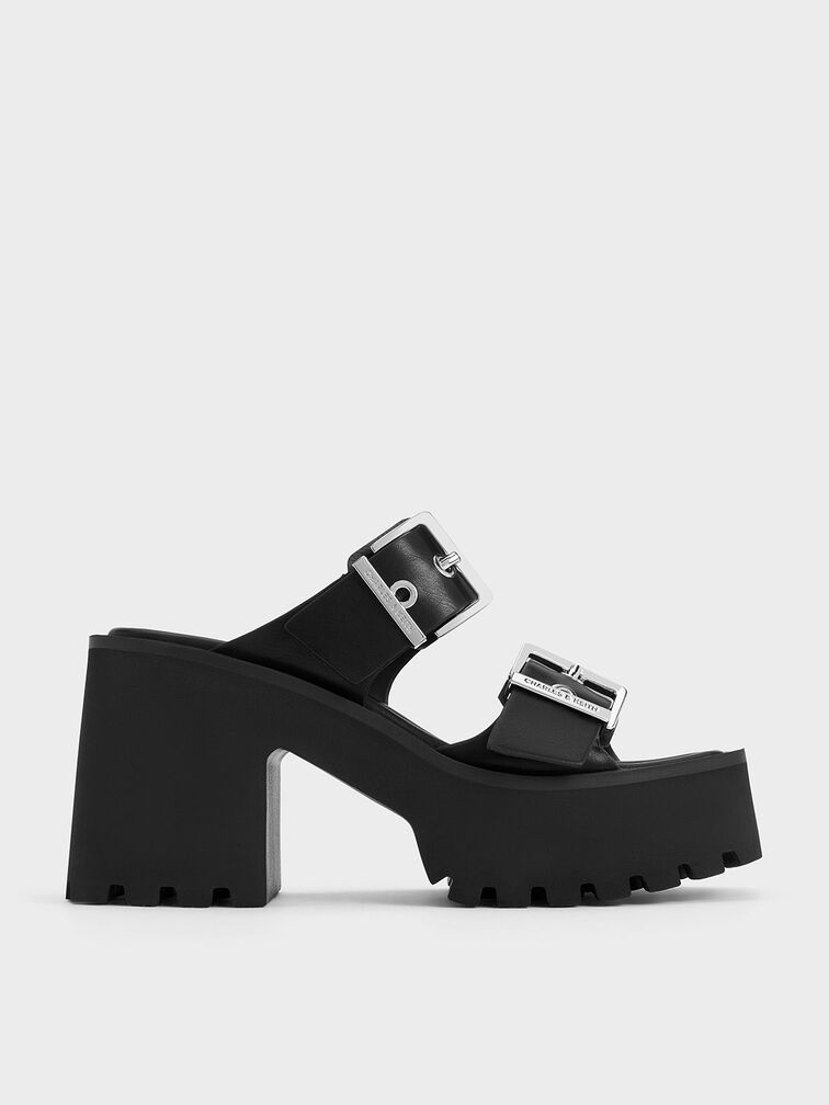 Black Trill Grommet Double-Strap Platform Mules - CHARLES & KEITH SG