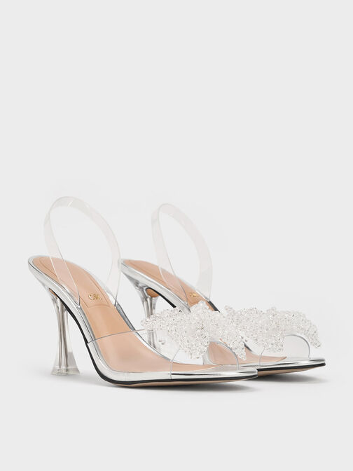 See-Through Beaded Bow Slingback Pumps, Clear, hi-res