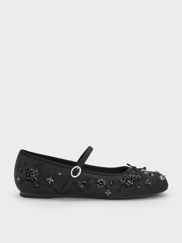 Sadira Satin Embroidered Sequinned Mary Jane Flats, Black Textured, hi-res