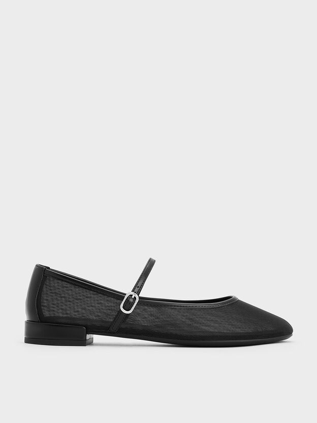 Gertrude Embroidered-Mesh Mary Janes, Black Textured, hi-res