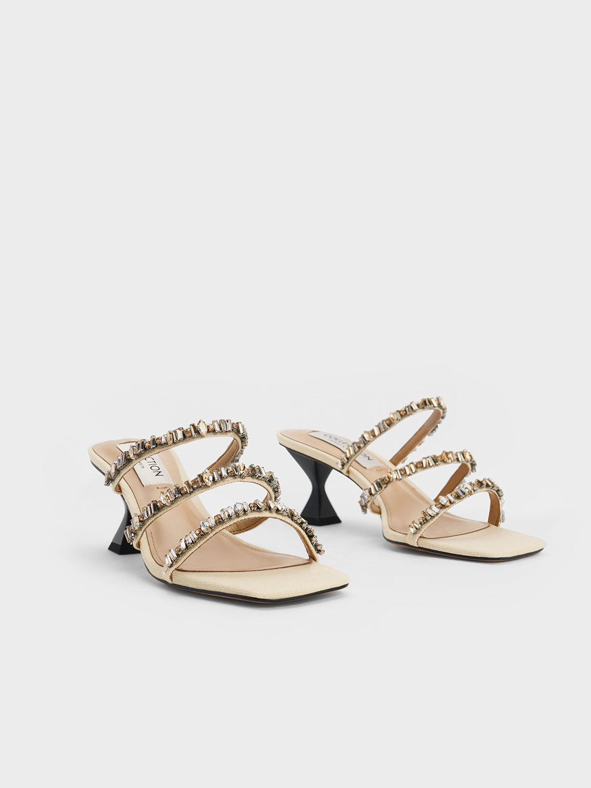 Canvas Gem-Embellished Mules, Beige, hi-res