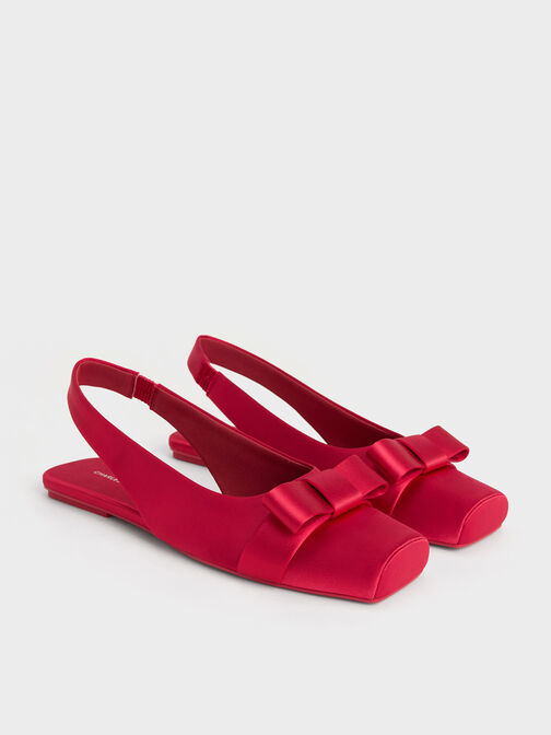 Satin Bow Slingback Ballet Flats, Red, hi-res