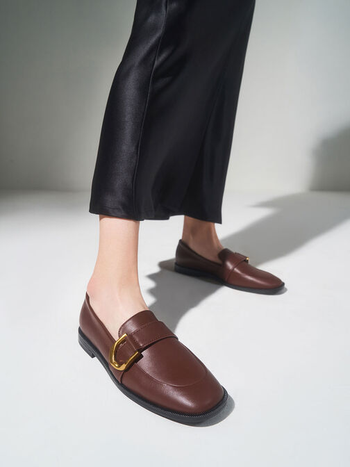 Gabine Buckled Leather Loafers​, Brown, hi-res