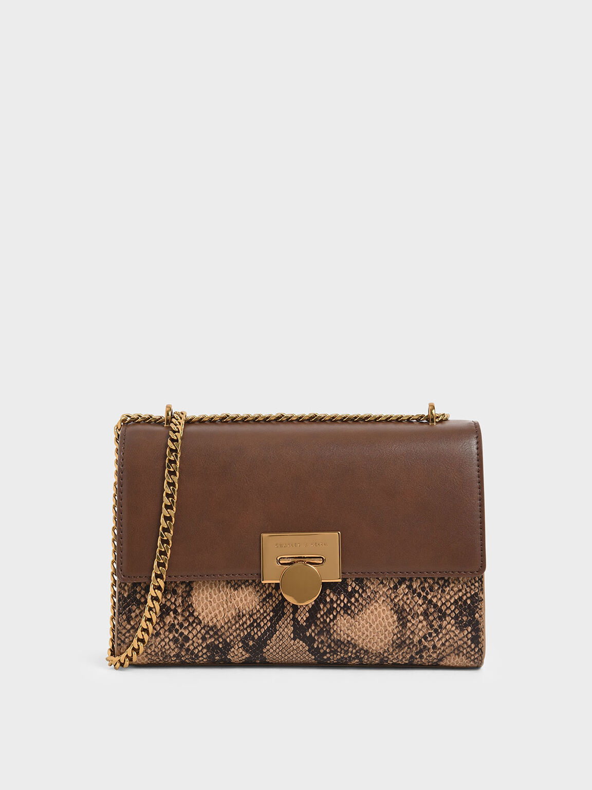 Snake Print Chain Strap Clutch, Brown, hi-res