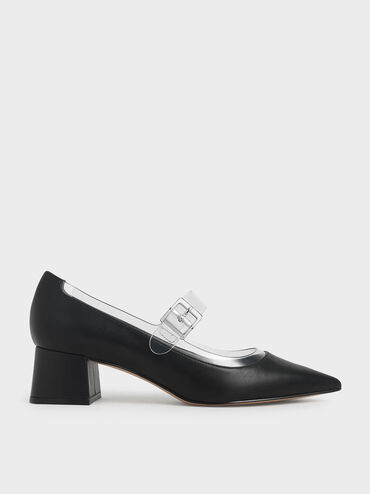 Clear Mary Jane Strap Pumps, Black, hi-res