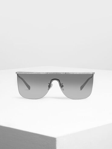 Crystal Embellished Sunglasses, Silver, hi-res