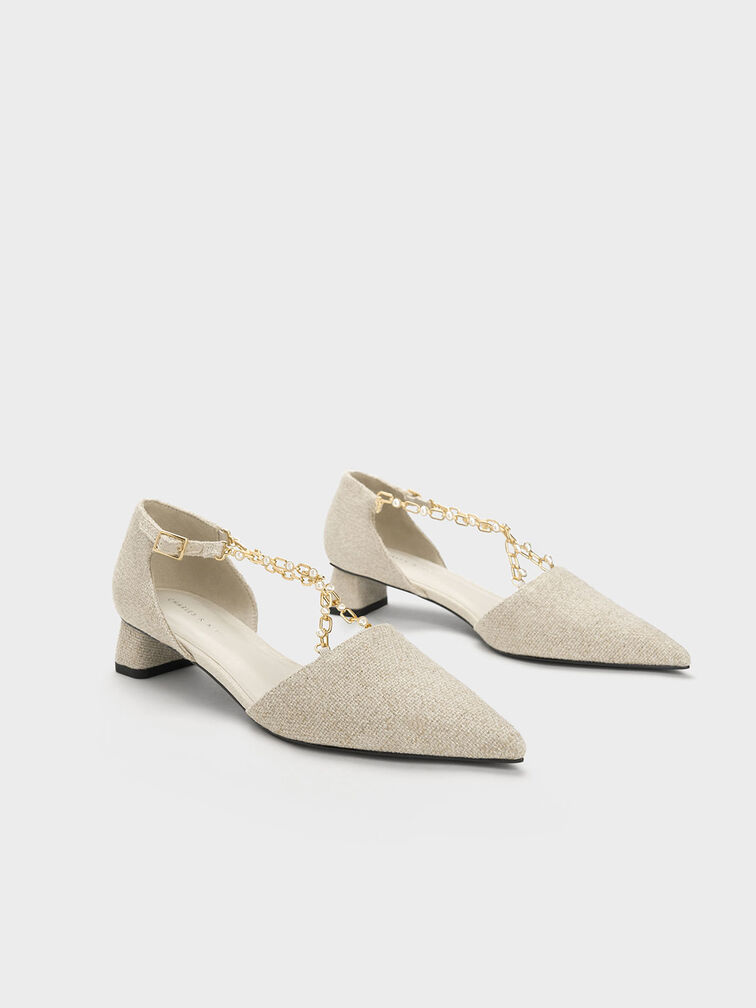 Beaded Metallic-Chain Linen D'Orsay Pumps, Beige, hi-res