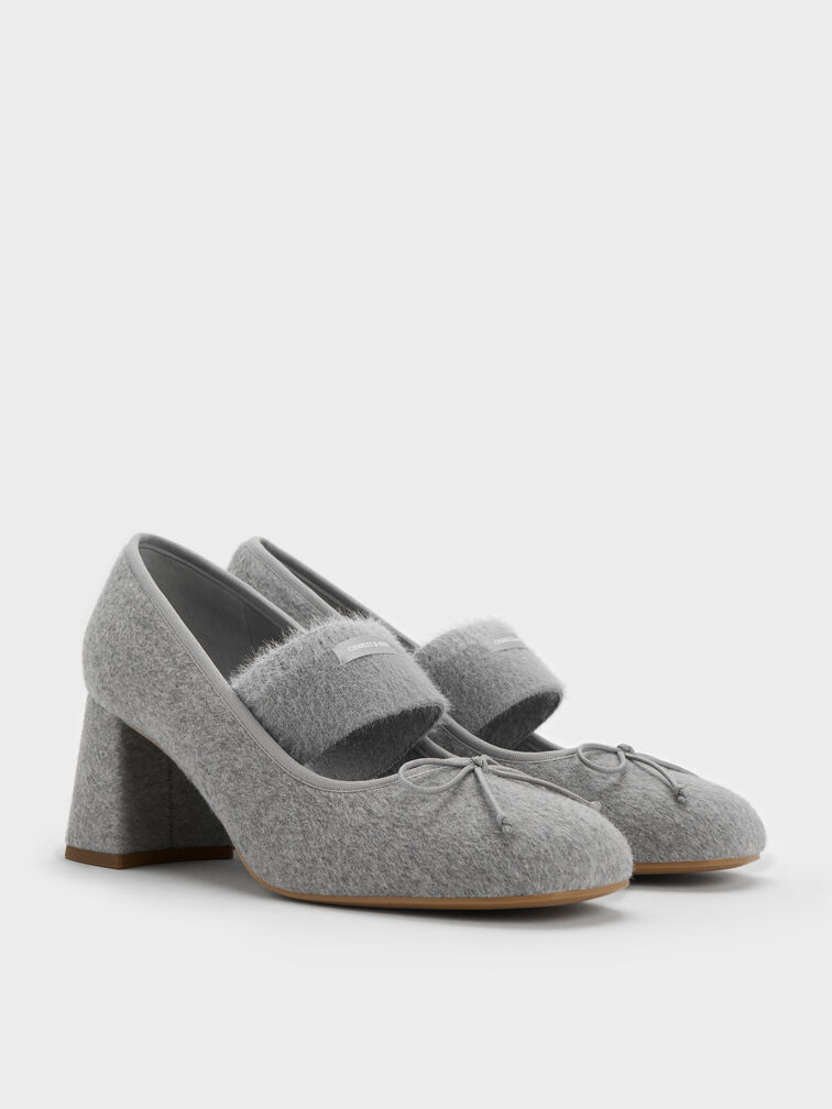 Winona Felt Bow Furry-Strap Mary Jane Pumps, Light Grey, hi-res