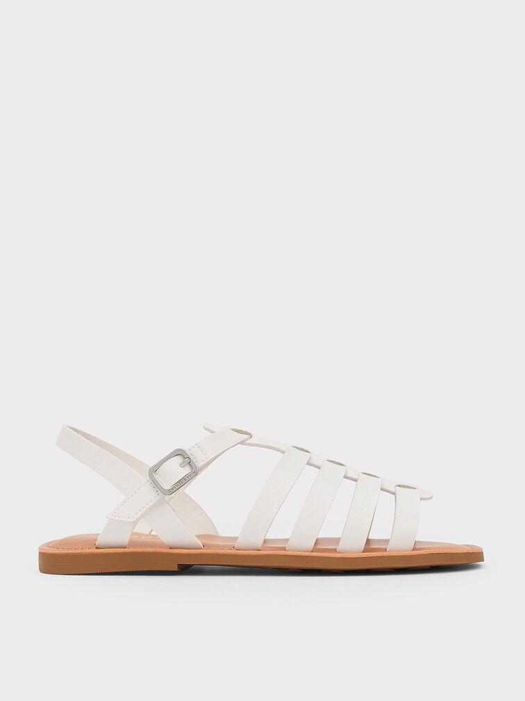 Girls' Caged Sandals, White, hi-res