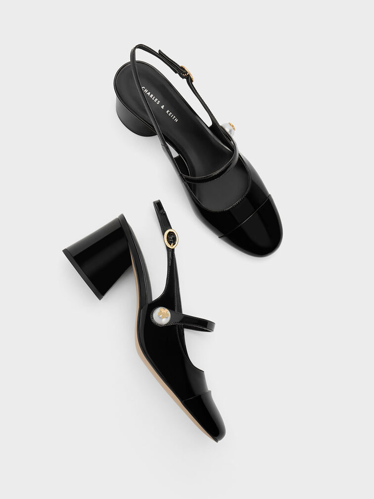Black Pearl Embellished Patent Slingback Pumps - CHARLES & KEITH CA