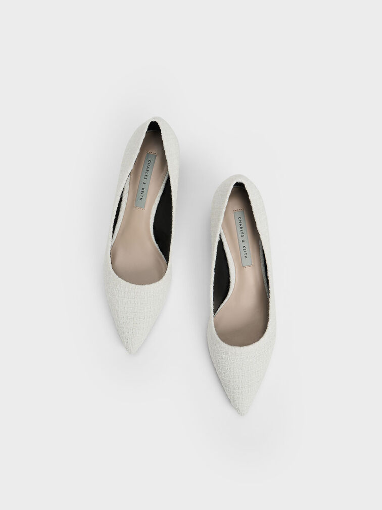 Tweed Trapeze Kitten Heel Pumps, White, hi-res