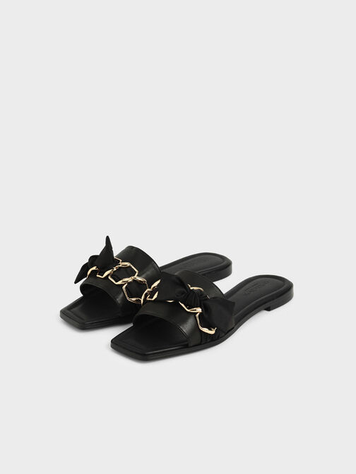 Satin Scarf Leather Slide Sandals, Black, hi-res