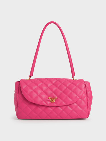 Chain Link Quilted Top Handle Bag, Fuchsia, hi-res
