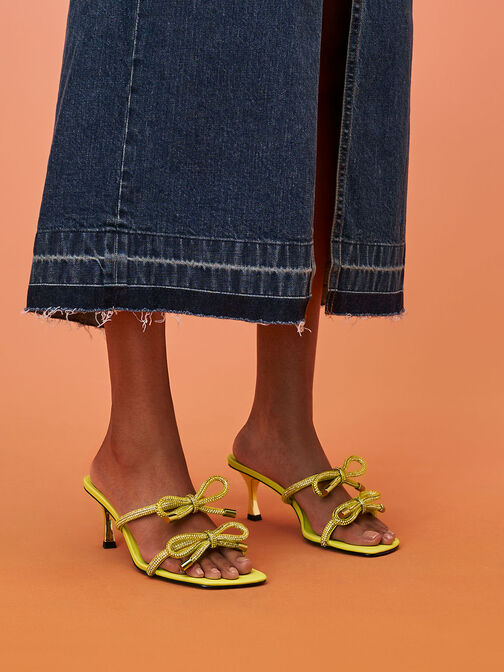 Gem-Embellished Bow-Tie Mules, Yellow, hi-res