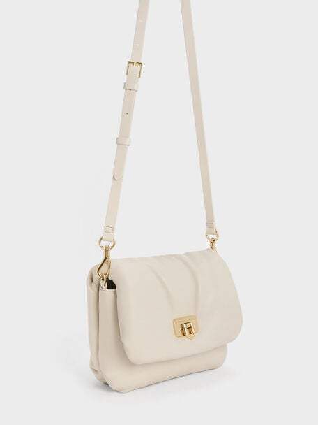 Paffuto Metallic Accent Chain-Handle Bag, Ivory, hi-res