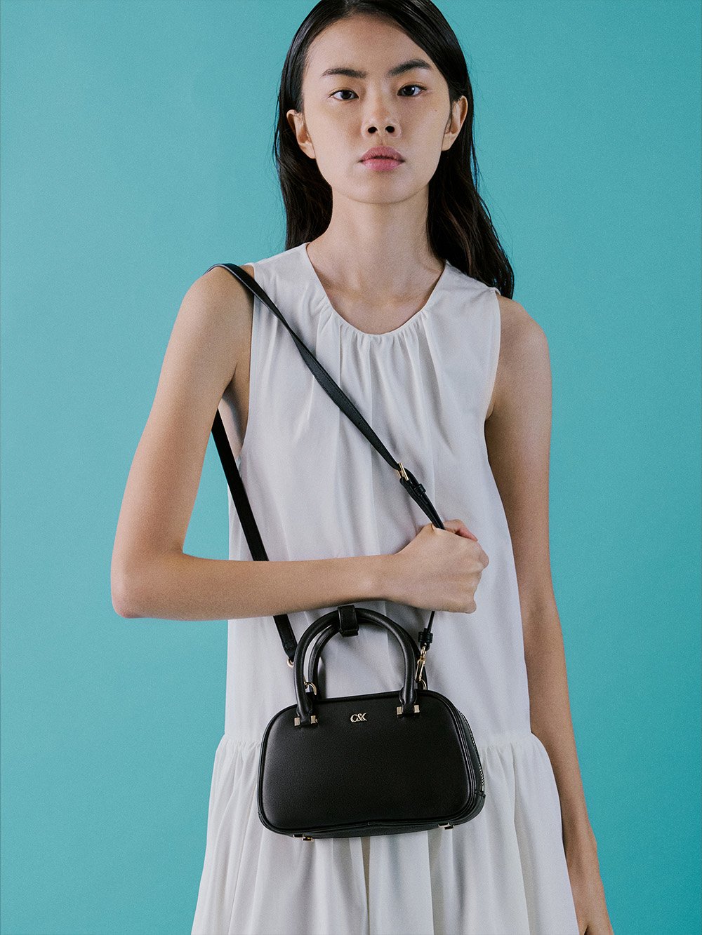 Black Leather Bowling Bag - CHARLES & KEITH