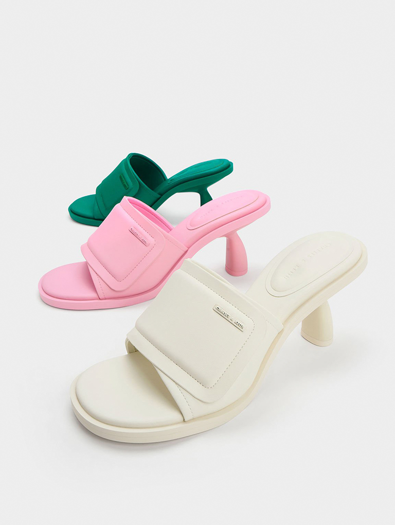 Women’s Puffy Sculptural Heel Mules in green, pink and chalk - CHARLES & KEITH