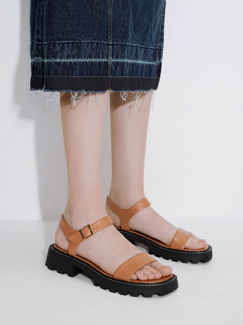 Women’s cognac stitch-trim buckled sandals - CHARLES & KEITH