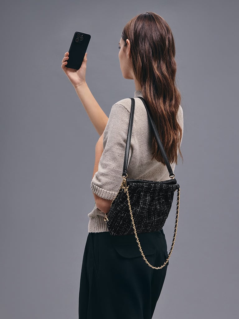 Women's Duo Tweed Double-Chain Hobo Bag in black tweed — CHARLES & KEITH