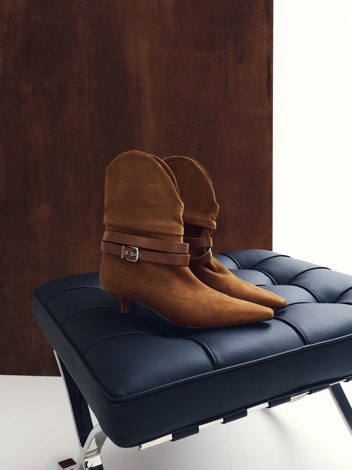 Cognac Karter Faux Suede Kitten-Heel Boots - CHARLES & KEITH