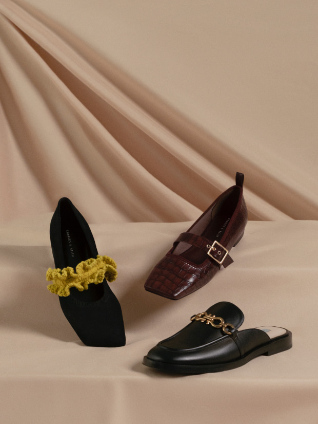 Women’s textured ruffle strap mary janes, croc-effect square toe mary jane flats and chain-embellished loafer mules - CHARLES & KEITH