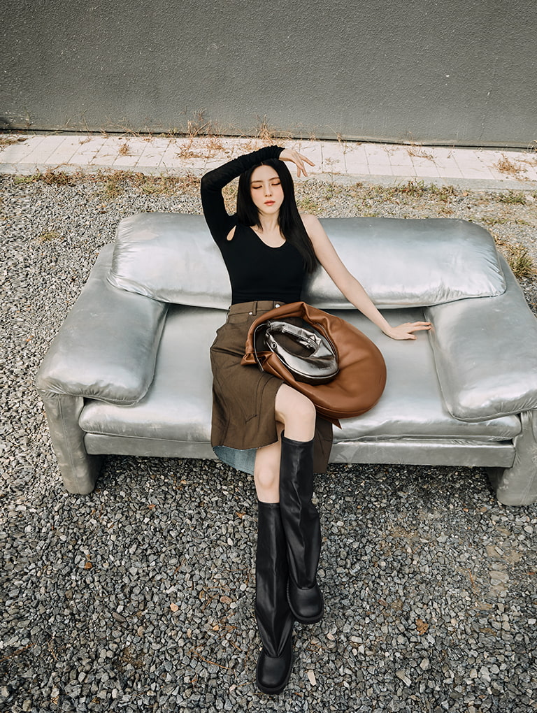 Women’s micro Toni knotted crescent hobo bag in pewter & Toni knotted crescent hobo bag in chocolate  - CHARLES & KEITH