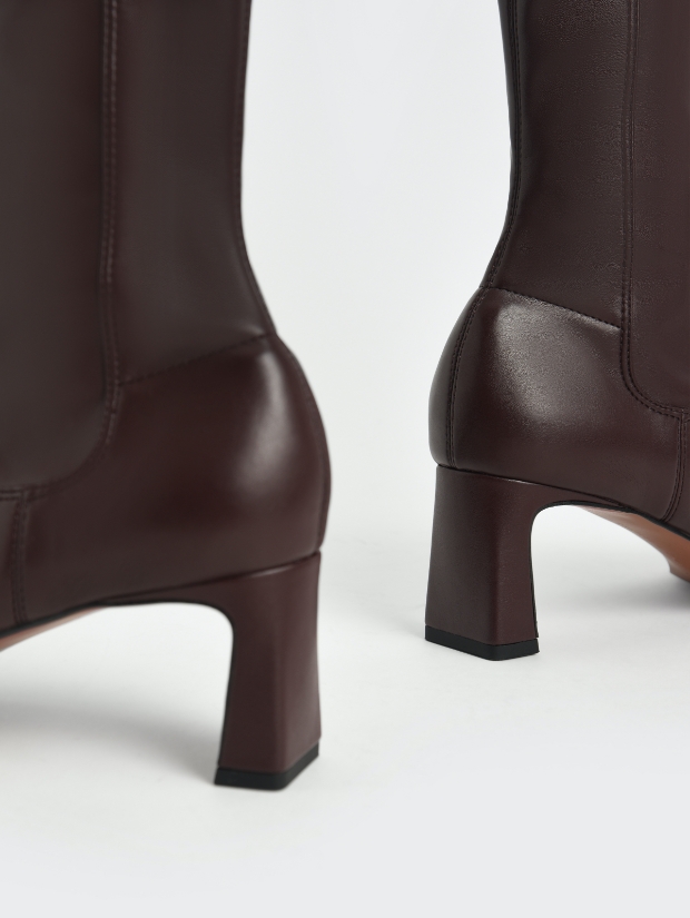Women’s stitch-trim slip-on calf boots in dark brown - CHARLES & KEITH
