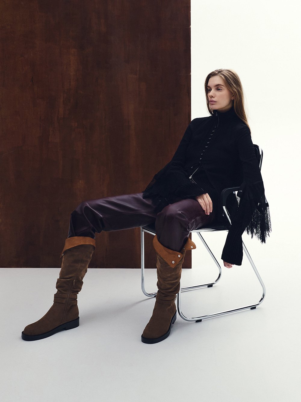 Women's Eilis Faux Suede Thigh-High Boots in dark brown textured - CHARLES & KEITH