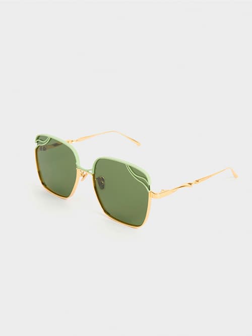 Wavy Wire-Frame Square Sunglasses, Green