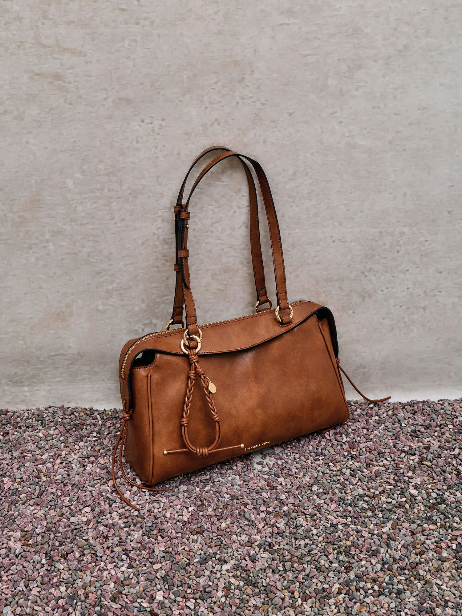 Distressed Tan Haylen Braided-Charm Shoulder Bag - CHARLES & KEITH