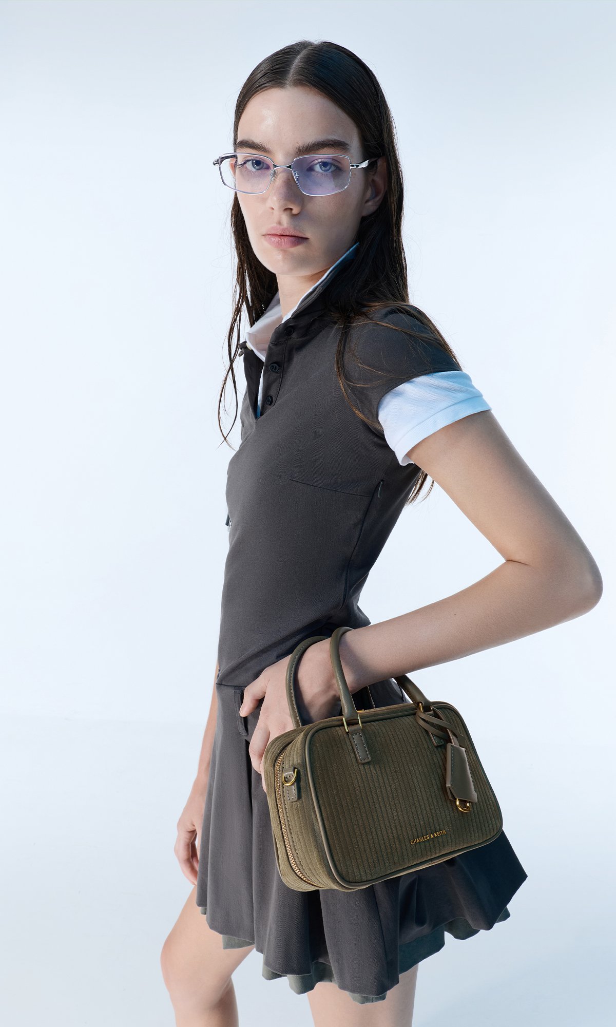 Deep Olive Mini Sianna Corduroy Bowling Bag - CHARLES & KEITH