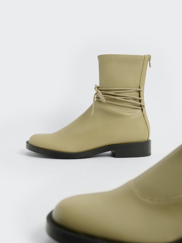 Women’s lace-detail zip-up ankle boots in olive - CHARLES & KEITH