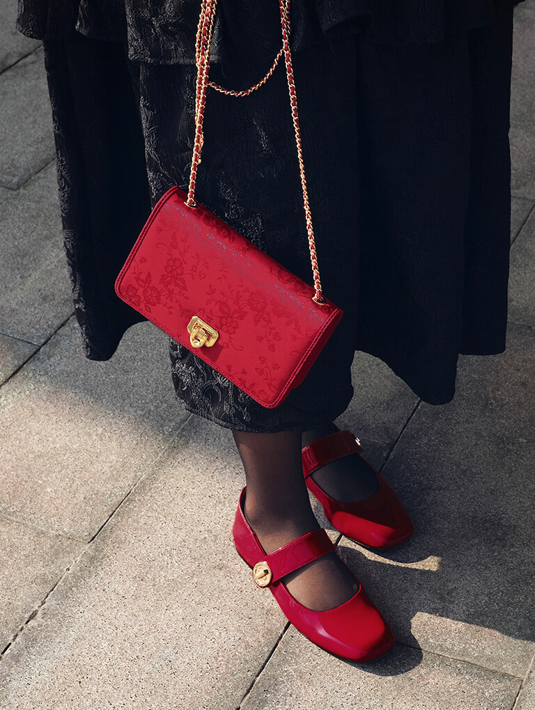Women’s jacquard mini bag and Yara patent Mary Jane flats, as seen on Yum 