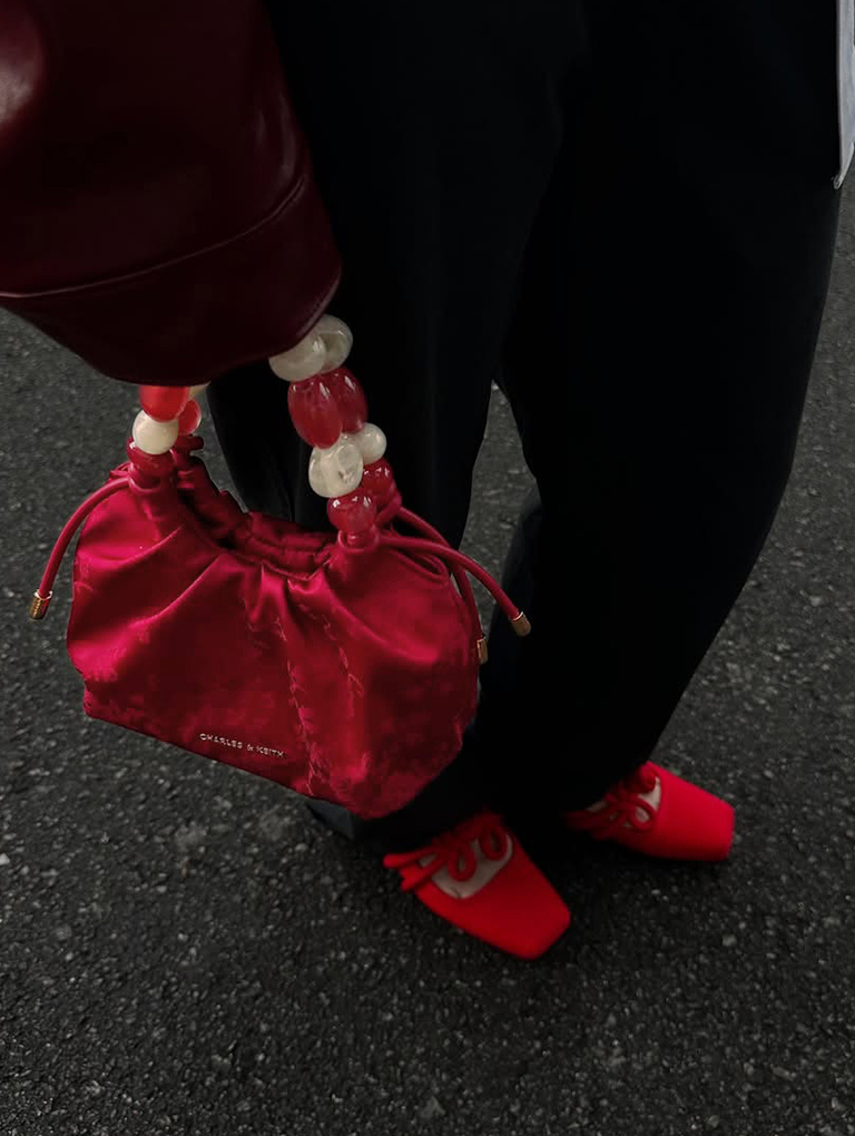 Women’s aviary jacquard beaded-handle Bag and clover-knot Mary Jane flats, as seen on Eada Kong